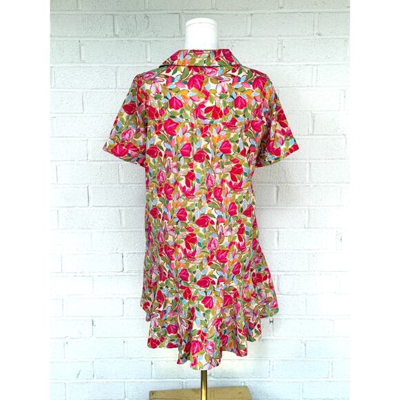 Entro Floral Button Dress Multicolor Collared Short Sleeve Tiered Hem Boho M - Picture 8 of 8
